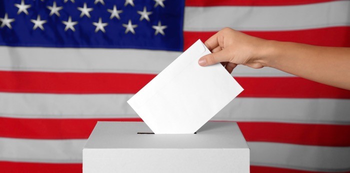 ballot box and USA flag